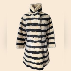 Rare vintage cream and black striped mod 60s coat real fur peacoat mob wife
